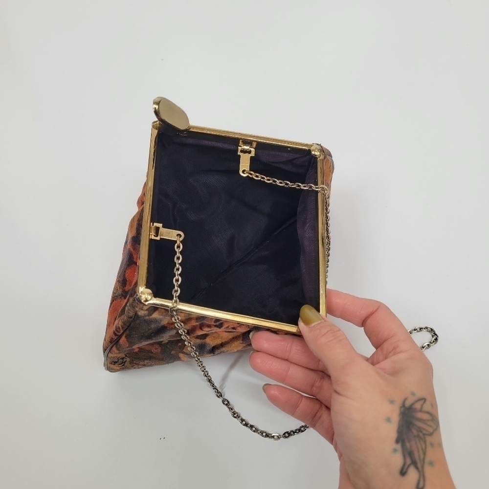VTG Floral Fabric Unique Opening Bag Clutch Brown Orange Black Flora Gold Strap - Picture 7 of 17